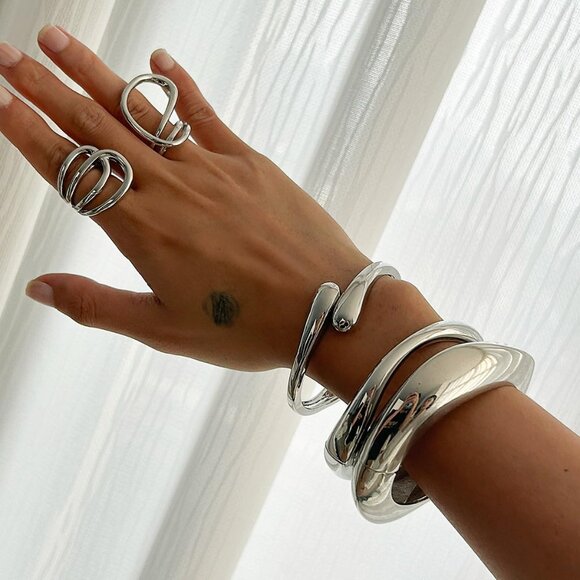 Trendy Silver-3 Sets Bangle bracelet Women Teen Chunky Adjustable Twist Jewelry - Picture 5 of 6